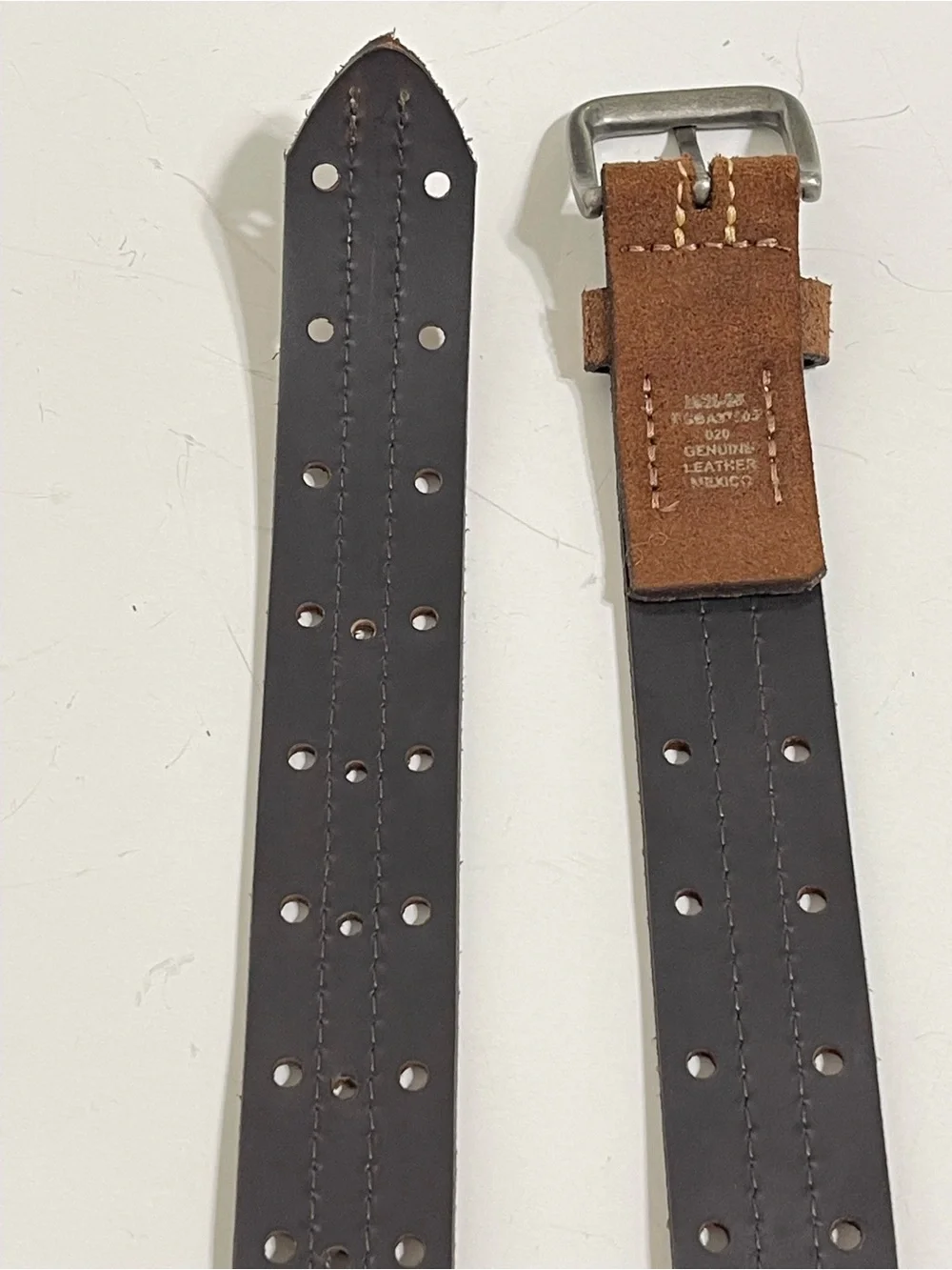 Brown Suede Leather Belt Perforated Contrast Stitching Gun Metal Buckle Men 27